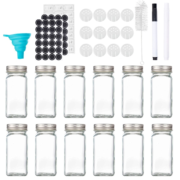 12 kryddburkar, 120 ml fyrkantiga kryddburkar, transparenta kryddburkar