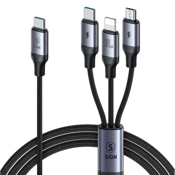 SiGN 3-i-1 USB-C till Lightning, USB-C, Micro-USB, 1.2m - Svart Svart
