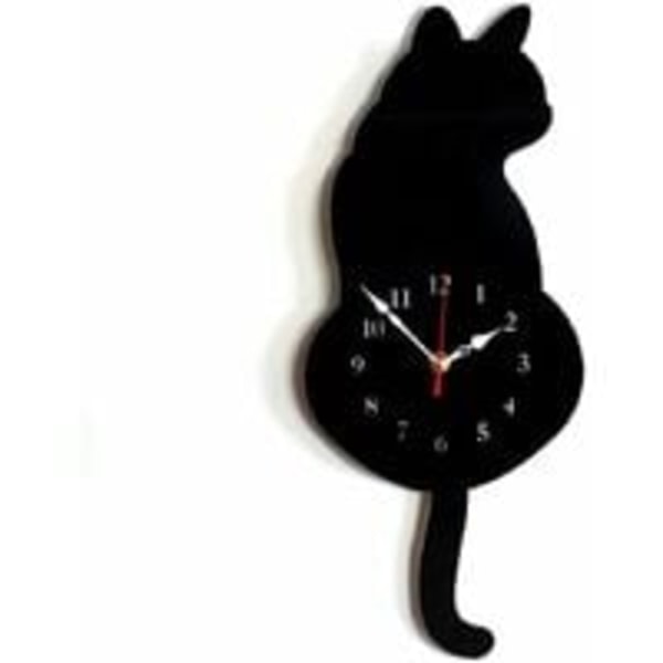 REMAKE DIY Akryl Väggklocka Modern Söt Katt Viftande Svans Heminredning Rörelse Tyst (Svart)