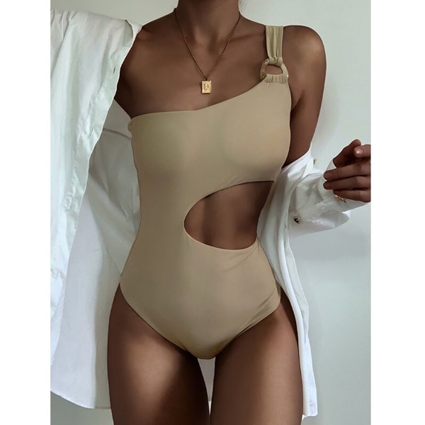 Badedragt med bar talje og én skulderstropper Beige L