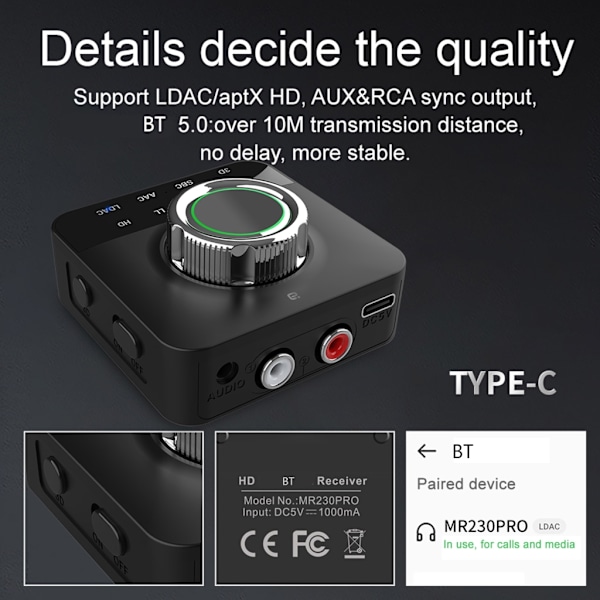 LDAC Bluetooth-kompatibel 5.0 Audio Receiver med Mikrofon RCA 3.5mm Aux 3D Stereo Musik aptX Trådløs Adapter til TV Bilhøjttaler
