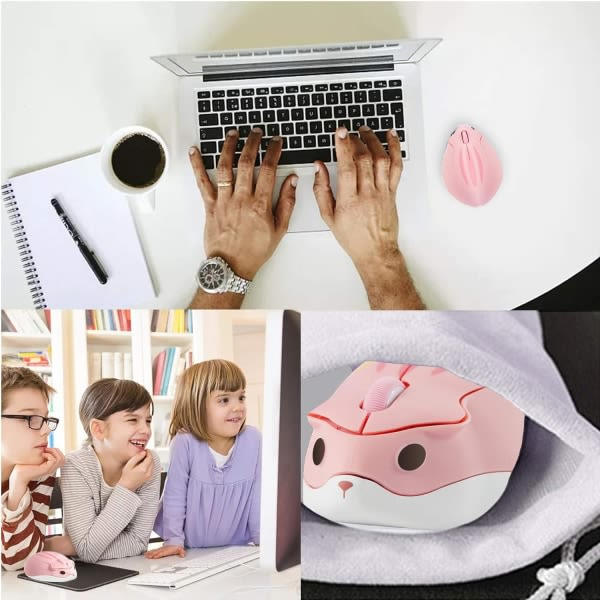 Trådlös Mus Söt Hamster Form Datormus 1200DPI Mindre Buller Bärbar USB Mus Trådlös Mus för PC Laptop Notebook (Rosa)
