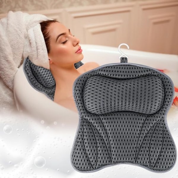 REMAKE Badekars pude med nakke- og skulderstøtte, 4D Air Mesh teknologi, hurtig tørring med 6 sugekopper, 42*45cm