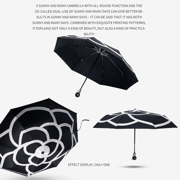 Camellia Automatisk Paraply Kvinder Mænd Foldbar Anti-UV Transparent Parasol, Sort Camellia