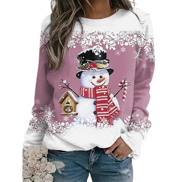 Christmas sweater with snowman and snowflake, long-sleeved, round neck, Christmas sweater, women's sweater pink