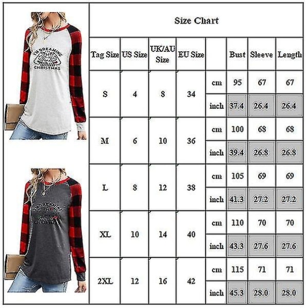 Hhcx - Kvinders Juletrykte Langærmet Bluse Ternet T-shirt Løstsiddende Tee Tops Hvid S