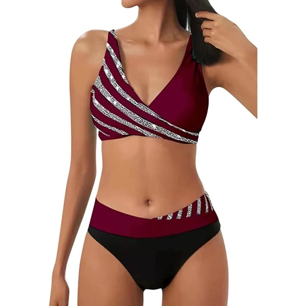 Sportslig 2-delt bikini med push-up & skinnende truse Vin XL