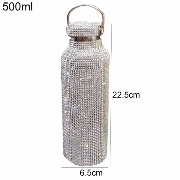 Diamant Vattenflaska, Isolerad Vattenflaska i Rostfritt Stål, Glittrande Vattenflaskor Återfyllningsbara Vattenflaskor för Kvinnor Silver (500ml)