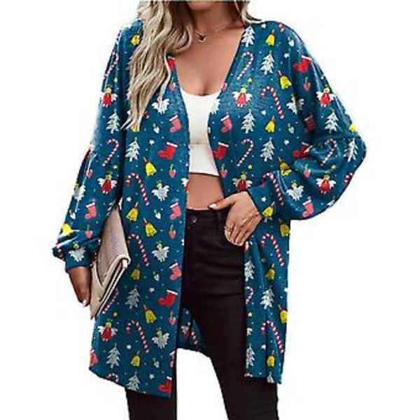 Dame Cardigan Jakke med Juleprint, Langærmet, Mode (XXL Himmelblå)