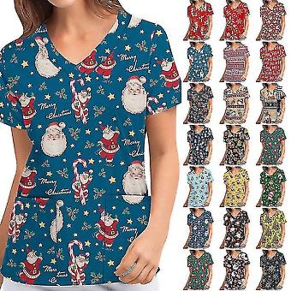 Women's Christmas Shirt Nurse Uniform Short Sleeve V Neck Christmas Blouse Top (XL Green)