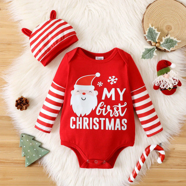 Christmas 2pcs Baby Boy Santa & Print Red striped long sleeve shirt with set REDWHITE 12-18Months