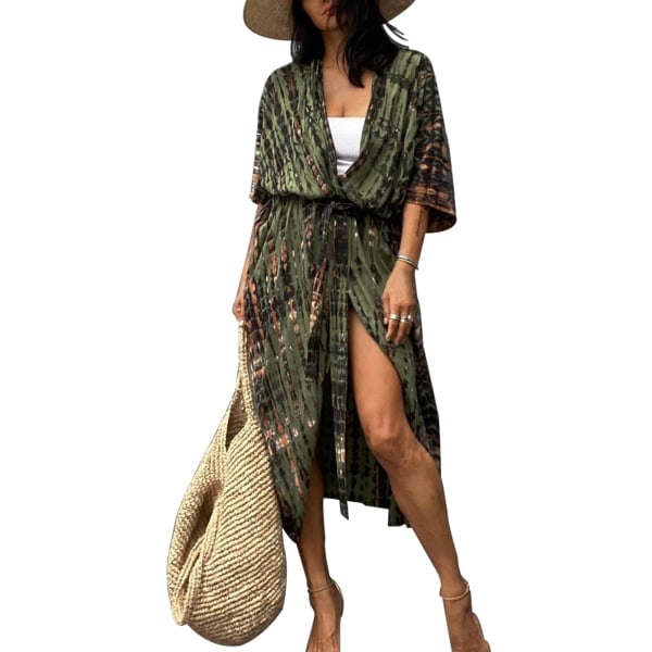 Tie Dye Strand Kimono Cardigan, Lang Badetøj Bikini Strand Cover Up, Åben Foran, Afslappet Løstsiddende - Hærgrøn