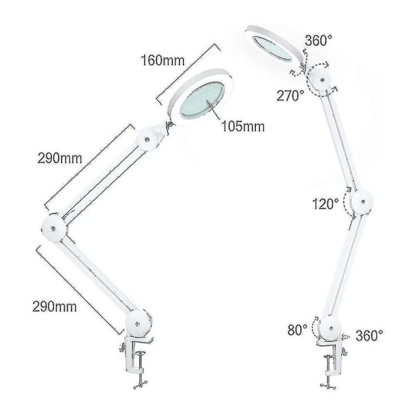 REMAKE LED-förstoringslampa, arbetslampa, kosmetisk lampa, 5x förstoringseffekt arbetslampa med lins 1100 lumen, dimbar, ljus, med klämma