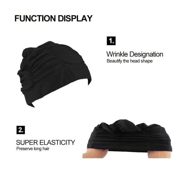 Svømmehue til kvinder, svømmehue til langt hår, spandex hue, turban hue, sort