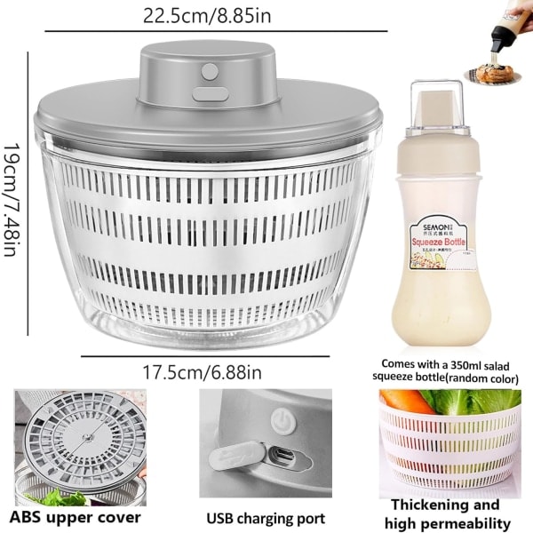 Elektrisk Salatslynge, 4000 ml Trådløs USB Ladbar Salatslynge Dehydrator