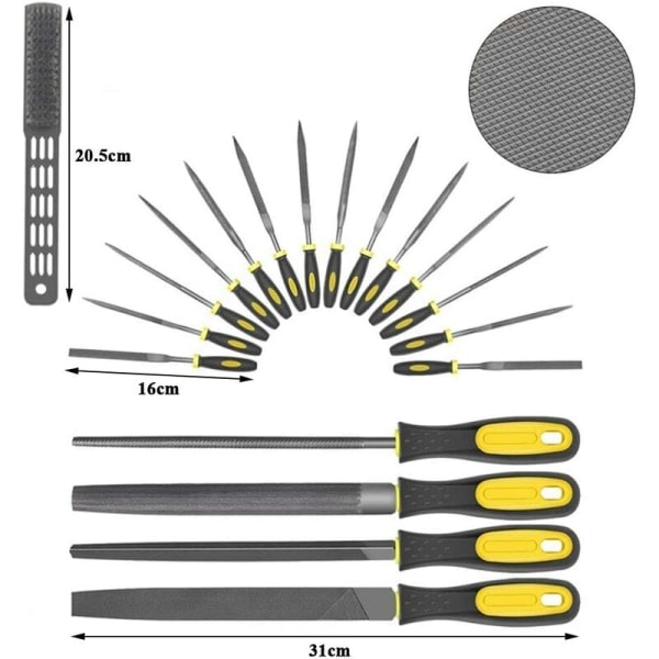 Sett med flate filer og rasp for verksted, DIY og snekring, filer med sklisikker gummigrep og oppbevaringsboks (19 deler)