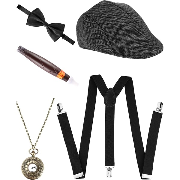 5 Piece Set of 1920s Male Gatsby Gangster Costume Accessories 30s Manhattan Gangster Beret Y-Shaped Suspenders