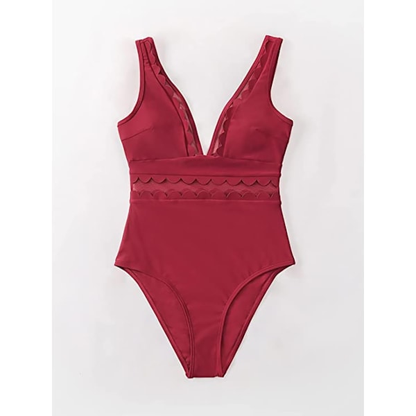 Dam V-ringad Genomskinlig Mesh Baddräkt Shapewear En-delad Röd M