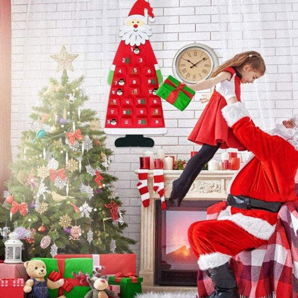 Filtet Julekalender, Væghængt Filtet Julekalender med 24 Lommer, Jule Nedtællingskalender, Nytårs Dekorationer