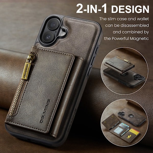 2-i-1 Magnetiskt Plånboksfodral för iPhone 16 Plus - Kaffe (M5 Combo)