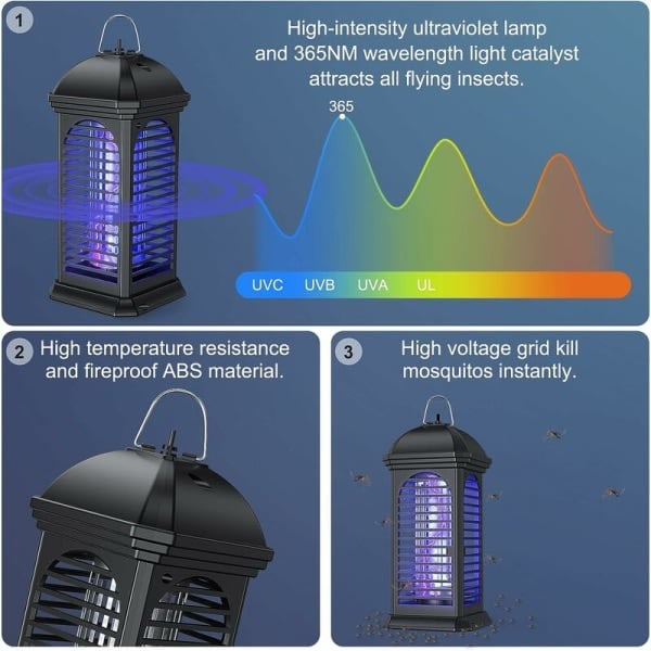 Myggdödare för inomhus och utomhus, 365nm UV-myggfälla, 4000V myggdödande lampa, elektrisk, säker och giftfri, insektsdödare, ljudlös