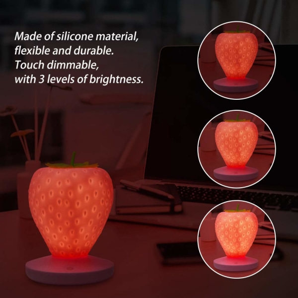 Sød Natlampe Silikon Jordbær Natlampe Sengelampe 3 Tilstande Berøringsfarve Skiftende Lys - Pink