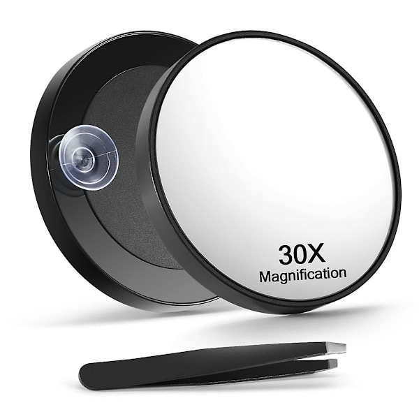 30x magnifying mirror with tweezers - Magnified make-up mirror with 2 suction cups for care and travel