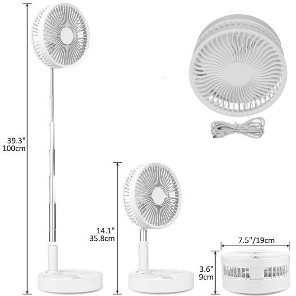 REMAKE Bærbar Ventilator med Batteri / Gulvventilator / Bordventilator - Luftkøler hvid