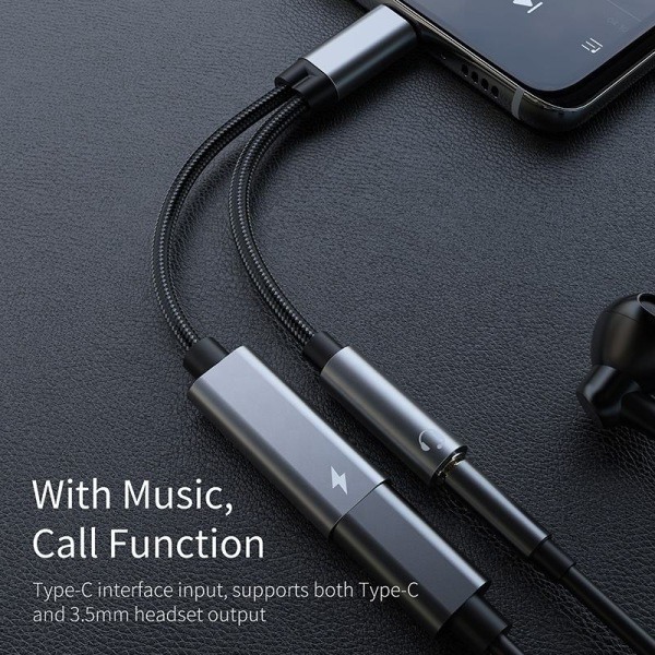 USB-C-adapter för 3,5 mm hörlurar och USB-C-laddare Svart