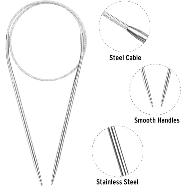 11 st Cirkel Stickor i Metall, 80 cm - Perfekt för Stickprojekt Silver