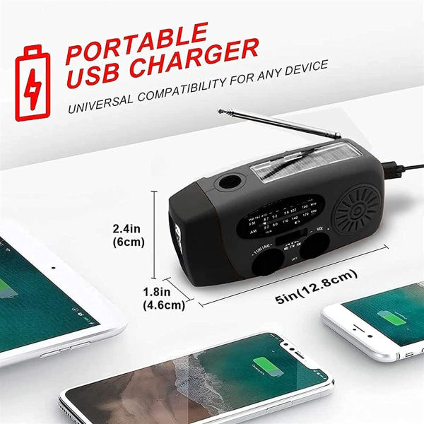 Nødradio med håndsveiv og LED-nødblinklys, AM/FM bærbar værradio med powerbank-telefonlader, USB-ladet