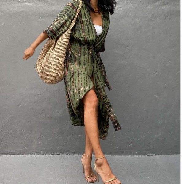Tie Dye Strand Kimono Cardigan, Lang Badetøj Bikini Strand Cover Up, Åben Foran, Afslappet Løstsiddende - Hærgrøn