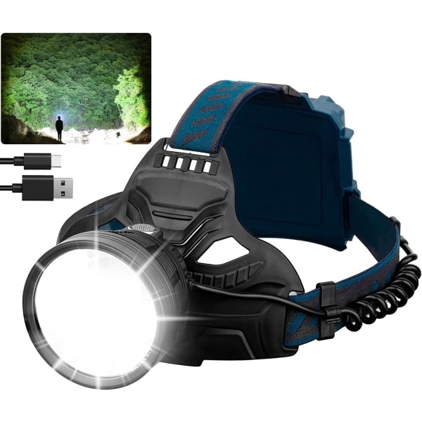 Laddningsbar LED-pannlampa, Superstark 50 000 Lumen 4 Lägen LED-ficklampa med Röd Baklampa, USB Laddningsbar 6000mAh, Vattentät Stråle...