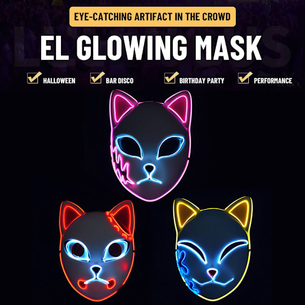 Halloween Glödande Kattmask LED Lady Demon Slayer