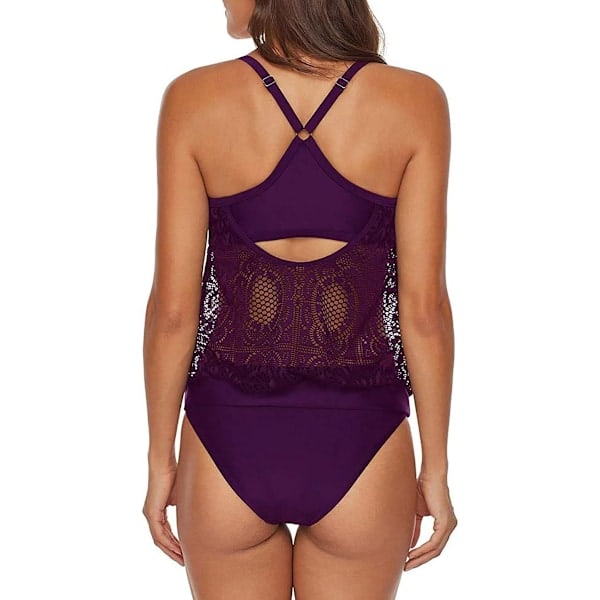 Urheilullinen 2-osainen tankini push-up-rinnoilla, violetti risti edessä, koko 40