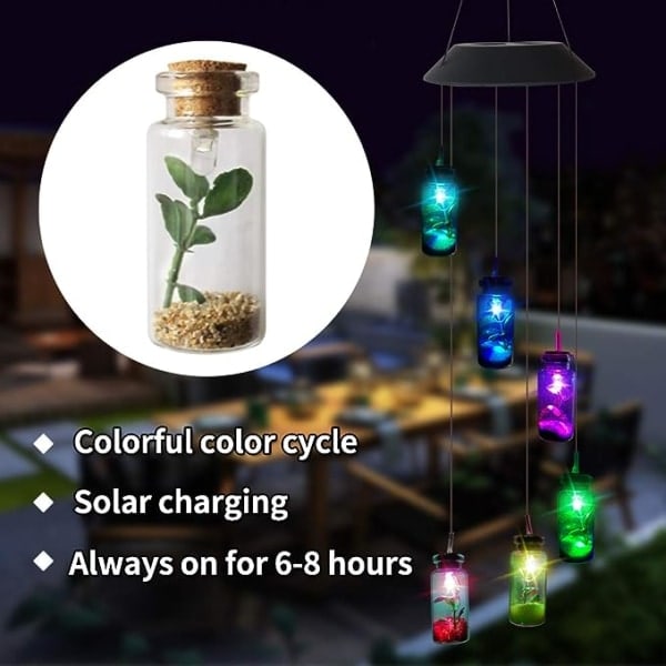 Aurinkoenergialla toimiva tuulikello, puutarhakoristevalo RGB monivärinen vaihtuvat värit, kuusi toivepulloa vedenkestävä (toivepullo)