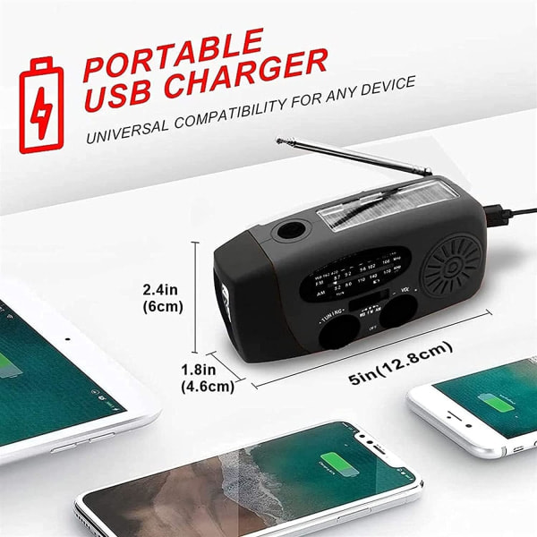 Nødradio med håndsveiv og LED-nødblinklys, AM/FM bærbar værradio med powerbank-telefonlader, USB-ladet