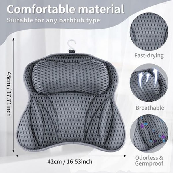 REMAKE Badkarspölster med nack- och axelstöd, 4D Air Mesh-teknik, snabb torkning med 6 sugkoppar, 42*45cm