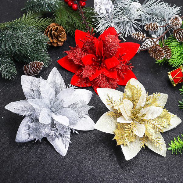 13 st konstgjorda julgransblommor Dekorationer Paljetter Julblomma Jul