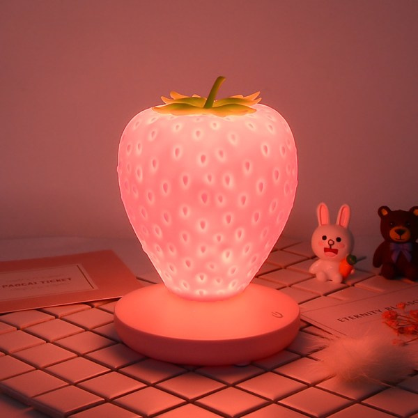 Sød Natlampe Silikon Jordbær Natlampe Sengelampe 3 Tilstande Berøringsfarve Skiftende Lys - Pink