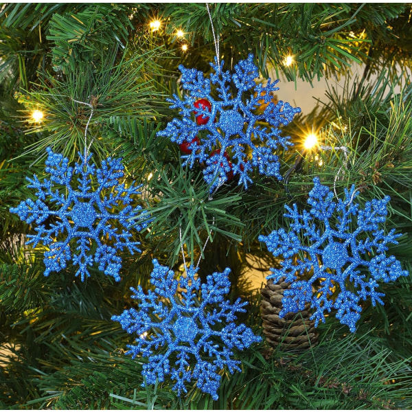 Julepakke med 12 - 10 cm Glitrende Snefnug Hængende Dekorationer - Julepynt (Kongeblå)