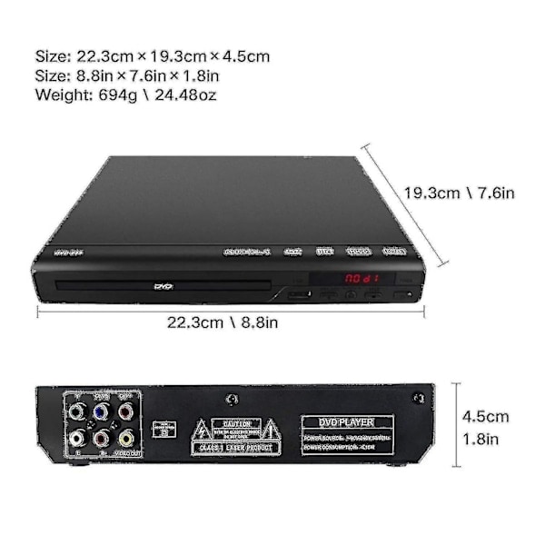 DVD-soitin televisiolle, kaikki alueet, DVD- ja CD-soitin, AV-lähtö, sisäänrakennettu / Ntsc, USB-tulo, kaukosäädin