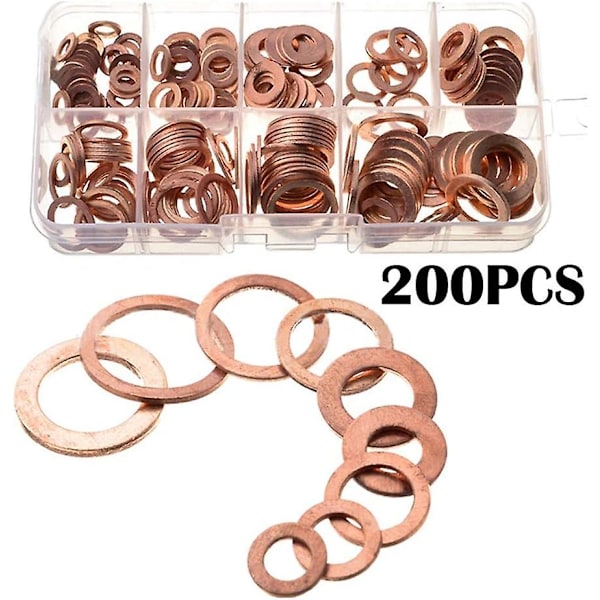 200 Delar Kopparbricka Sortimentskit, 9 Storlekar Metallbrickor Packningar M5 M6 M8 M10 M12 M14 Mekanisk Tätningsbricka med Plastlåda