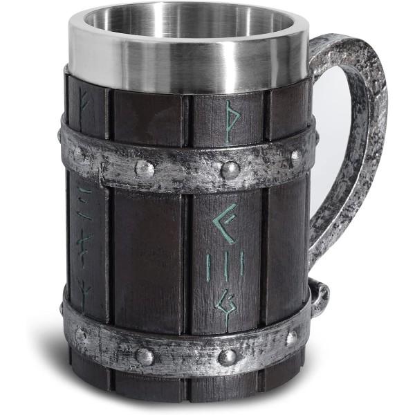 Nordiske Viking Rune Ølkopper - Stor Eikekopp - Med 3D Harpiks - For Menn, Farsdaggave 550ml