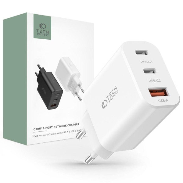 REMAKE Tech-Protect 30W PD/QC Väggladdare 2x USB-C 1x USB-A Vit