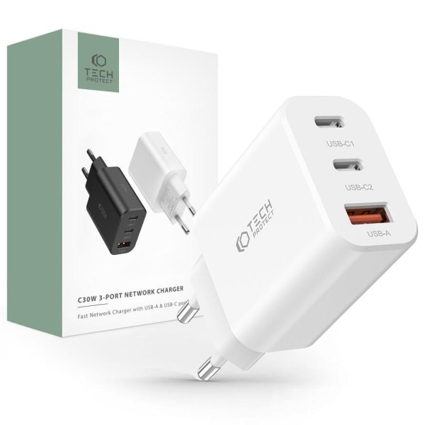 REMAKE Tech-Protect 30W PD/QC Vegglader 2x USB-C 1x USB-A Hvit