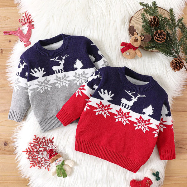 Julklädd Stickad Tröja Nyfödd Baby Flicka Höst Rådjur & Snöflinga Stickad Långärmad Röd 18-24 Månader