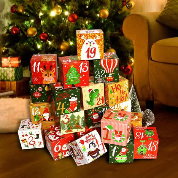 24 stk. Julekalender Gaveæske Julekonfektæske Kraftpapir Gaveæske Godt Nytår 7x7x7cm 24 stk. 7x7x7cm