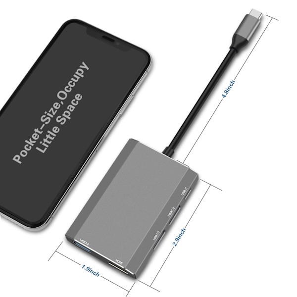5-in-1 Type-C -keskitinadapteri HDMI:llä, USB 3.0:lla ja USB-C PD:llä