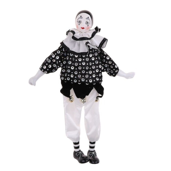 REMAKE 15 tommer porcelæns klovnedukke iført hvid og sort outfit, sjov harlekindukke, cirkuspro